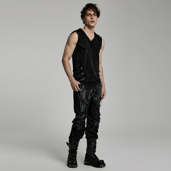 Asymmetrical Double-Layer Washed Out Denim Hooded Punk Vest - Image 4