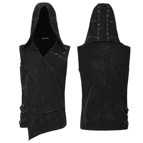 Asymmetrical Double-Layer Washed Out Denim Hooded Punk Vest - Image 5