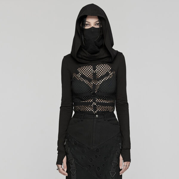 PUNK RAVE Mask-Style High Collar Punk Hooded T-Shirt