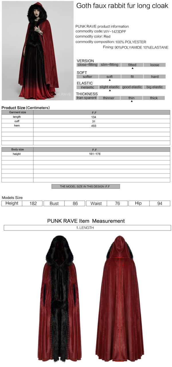 PUNK RAVE Fur Long Goth Velvet Red Cloak - PUNK RAVE