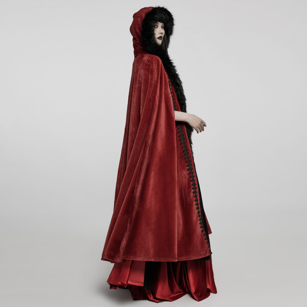 PUNK RAVE Fur Long Goth Velvet Red Cloak - Image 3