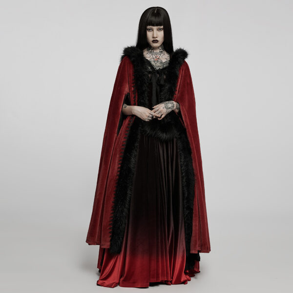 PUNK RAVE Fur Long Goth Velvet Red Cloak - Image 2