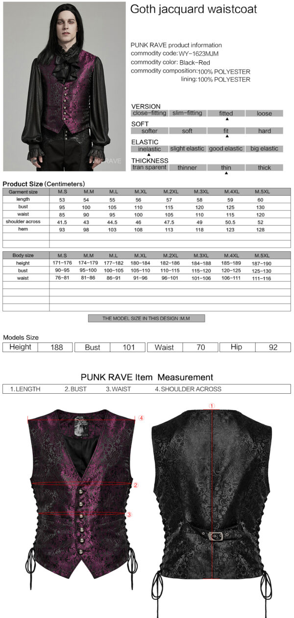 Punk Rave Dual Color Jacquard Flower Patterns Elegant Waistcoat - Cherry Wine - Image 10