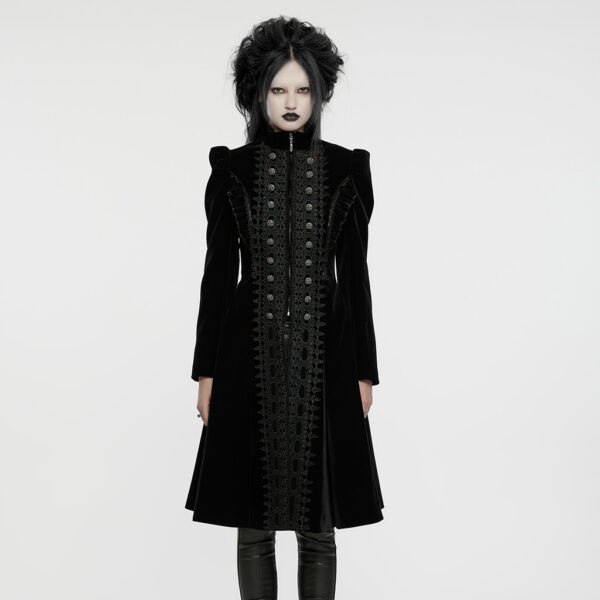 PUNK RAVE Goth A Line Ruffle Detail Symmetric Velvet Coat - Black