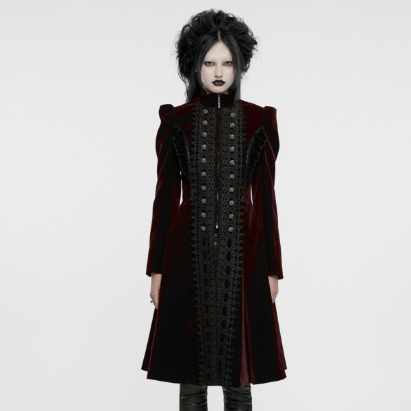 PUNK RAVE Goth A Line Ruffle Detail Symmetric Velvet Coat - Red