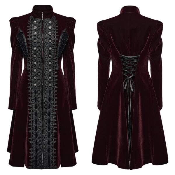 PUNK RAVE Goth A Line Ruffle Detail Symmetric Velvet Coat - Red - Image 5