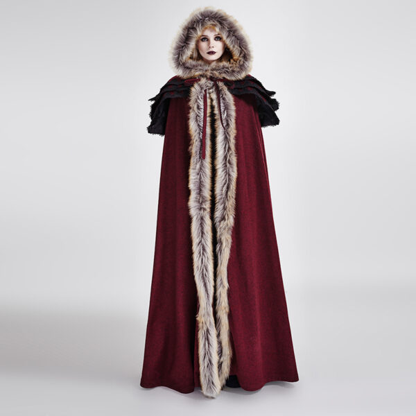 PUNK RAVE Winter Long Fur Red Cloak - Image 3