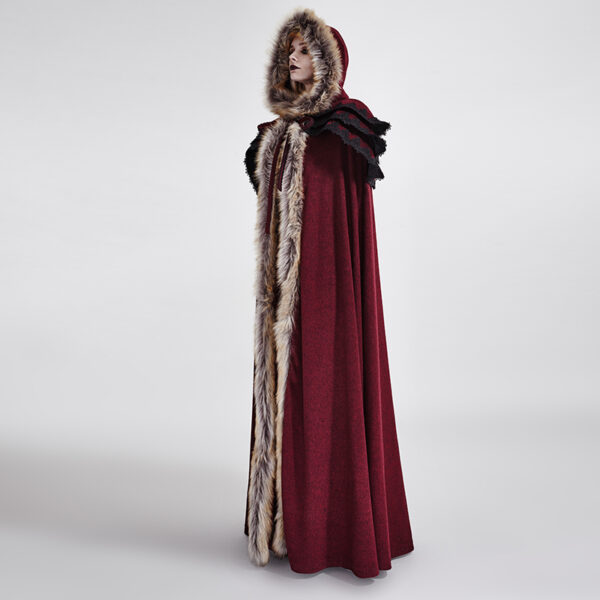 PUNK RAVE Winter Long Fur Red Cloak - Image 4