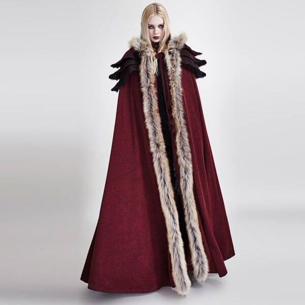 PUNK RAVE Winter Long Fur Red Cloak - Image 2