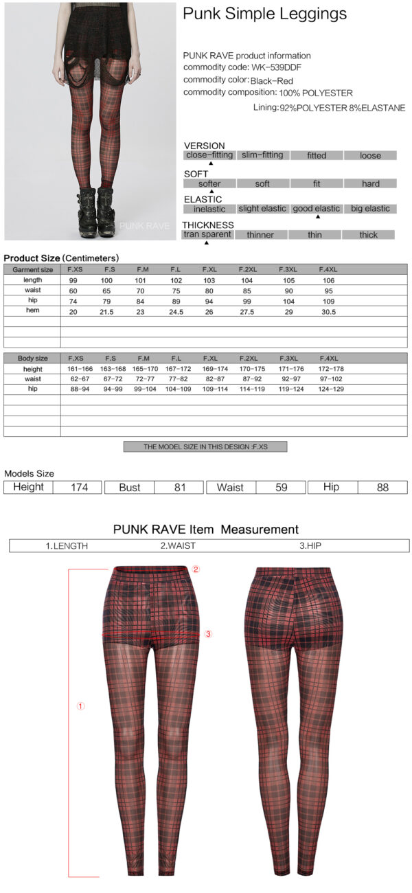 PUNK RAVE Mesh Perspective Red Plaid Tight Leggings - Image 8