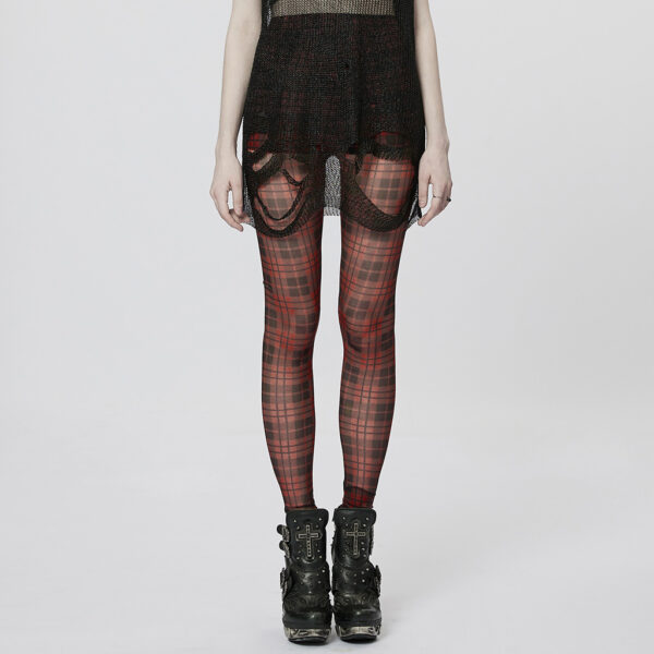 PUNK RAVE Mesh Perspective Red Plaid Tight Leggings