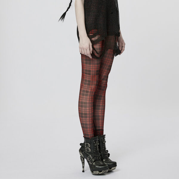 PUNK RAVE Mesh Perspective Red Plaid Tight Leggings - Image 2