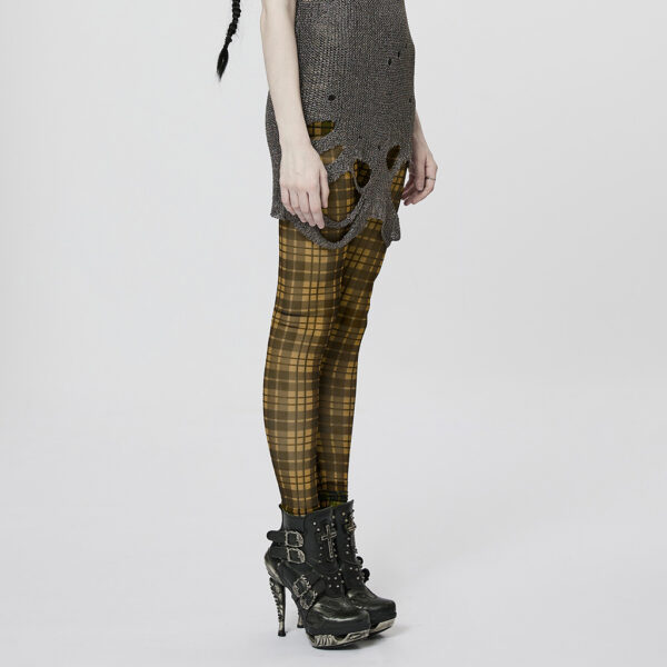 PUNK RAVE Mesh Perspective Yellow Plaid Tight Leggings - Image 2