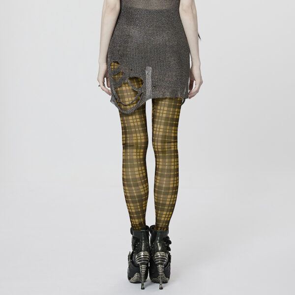 PUNK RAVE Mesh Perspective Yellow Plaid Tight Leggings - Image 3