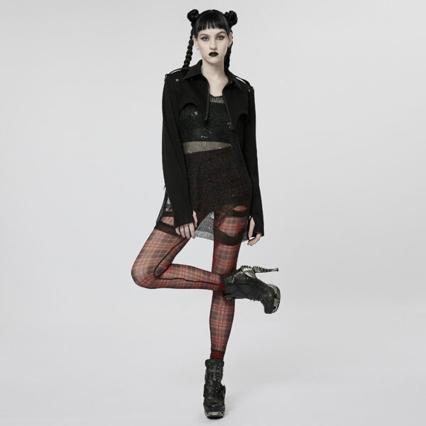 PUNK RAVE Mesh Perspective Red Plaid Tight Leggings - Image 4