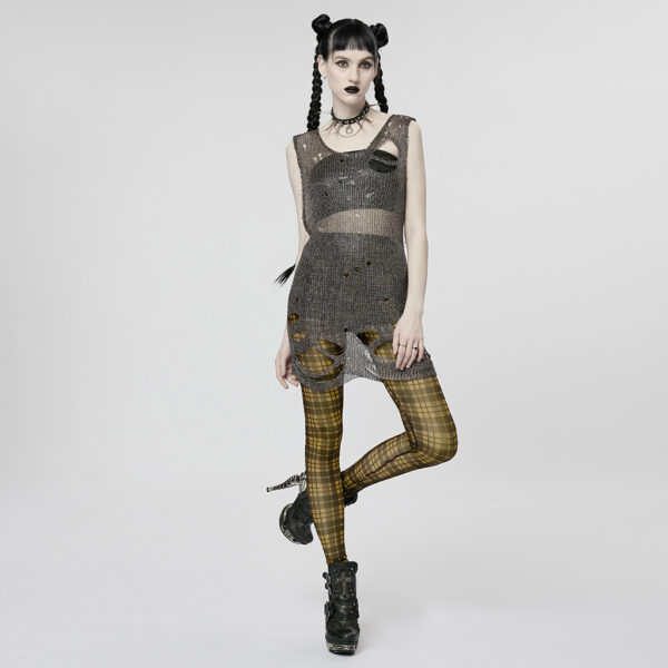 PUNK RAVE Mesh Perspective Yellow Plaid Tight Leggings - Image 4