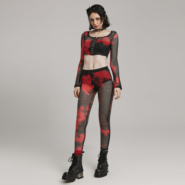 PUNK RAVE Perspective Tie-Dyed Mesh Leggings - Black/Red - Image 4