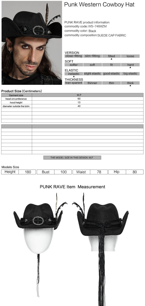 Classic Retro Black Suede Punk Western Cowboy Hat - Image 11