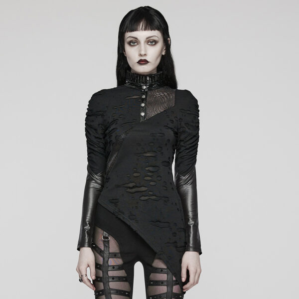 PUNK RAVE Asymmetrical Mesh Panels Pleated Collar Slim Tee