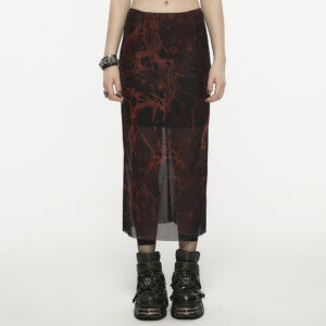 Black-Red Printed Gauze Straight Skirt