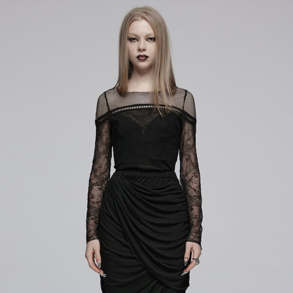 Flared Cuffs Lace Mesh T-Shirt - PUNK RAVE