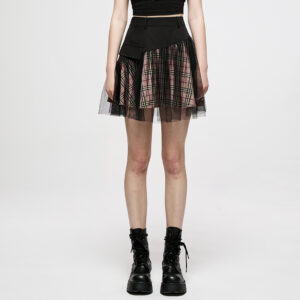 Mesh Panel Plaid High Waist Short Skirt