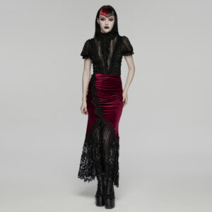 Black-Red Goth Velvet Lace Fishtail Skirt