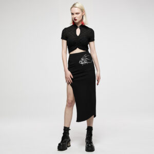 Dark Chinese Style Keel Embroidered Asymmetric Long Skirt