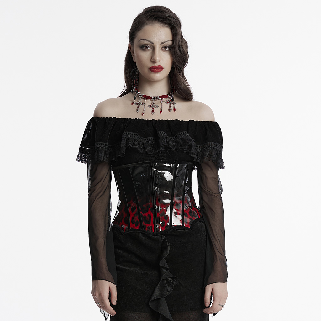 Black-Red Goth Leopard Print Patent Leather Corset - Image 2