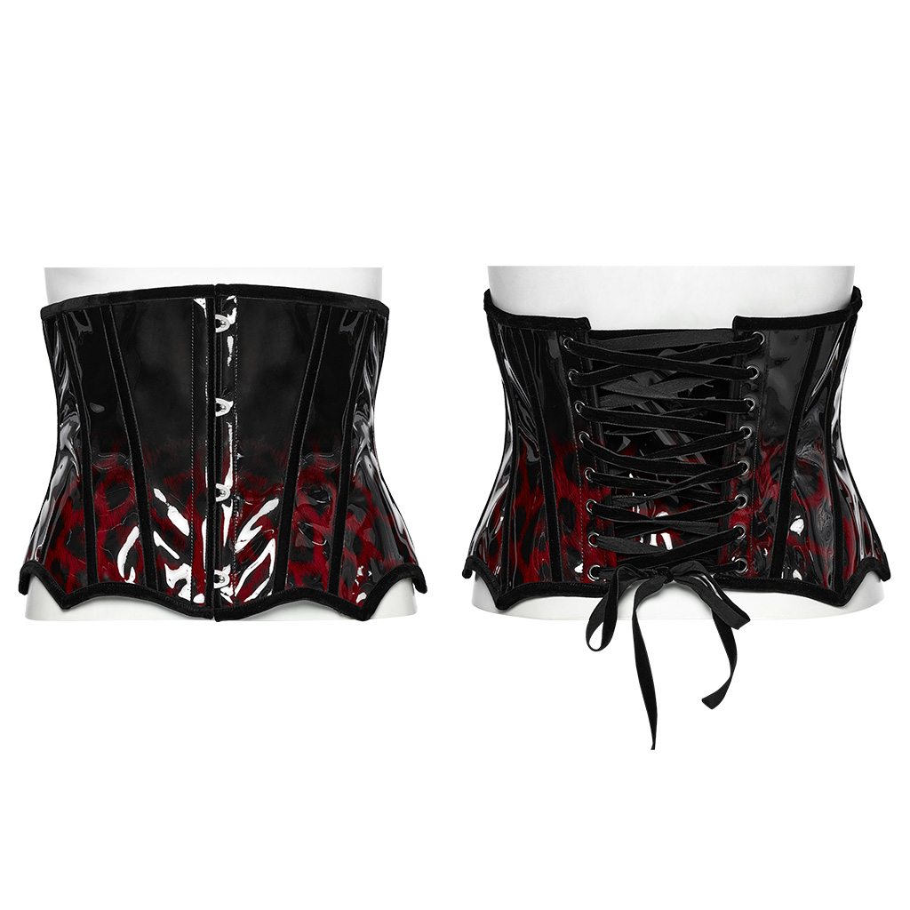 Black-Red Goth Leopard Print Patent Leather Corset - Image 5