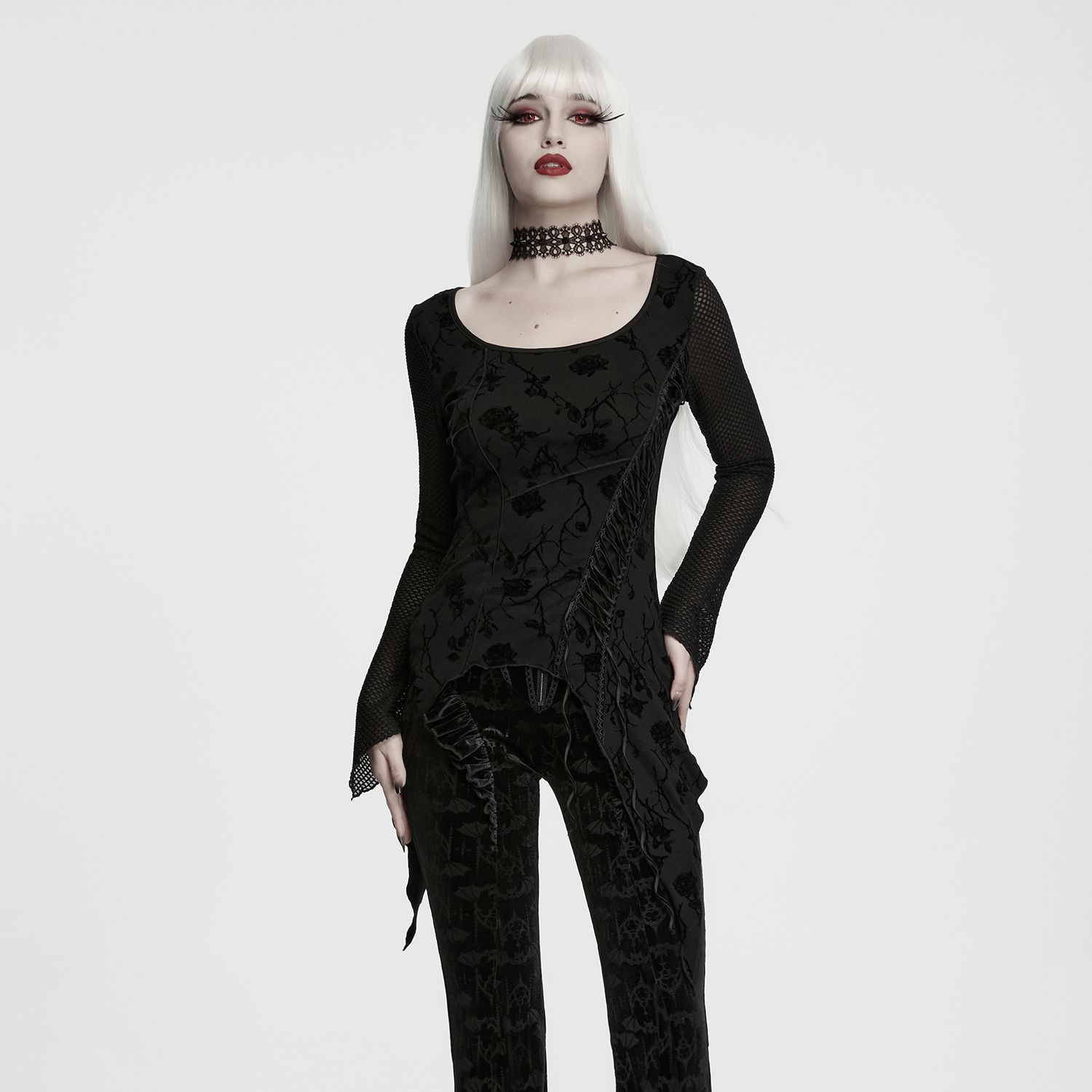 Gothic Thorn And Rose Mesh Long-Sleeve Top