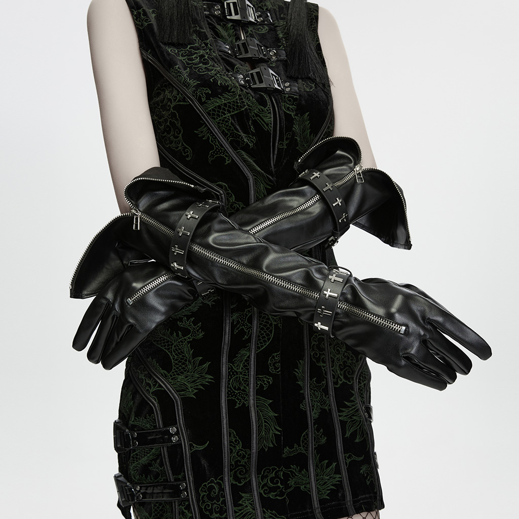 Gothic Cross-Stud Zipper Long Gloves - Image 3