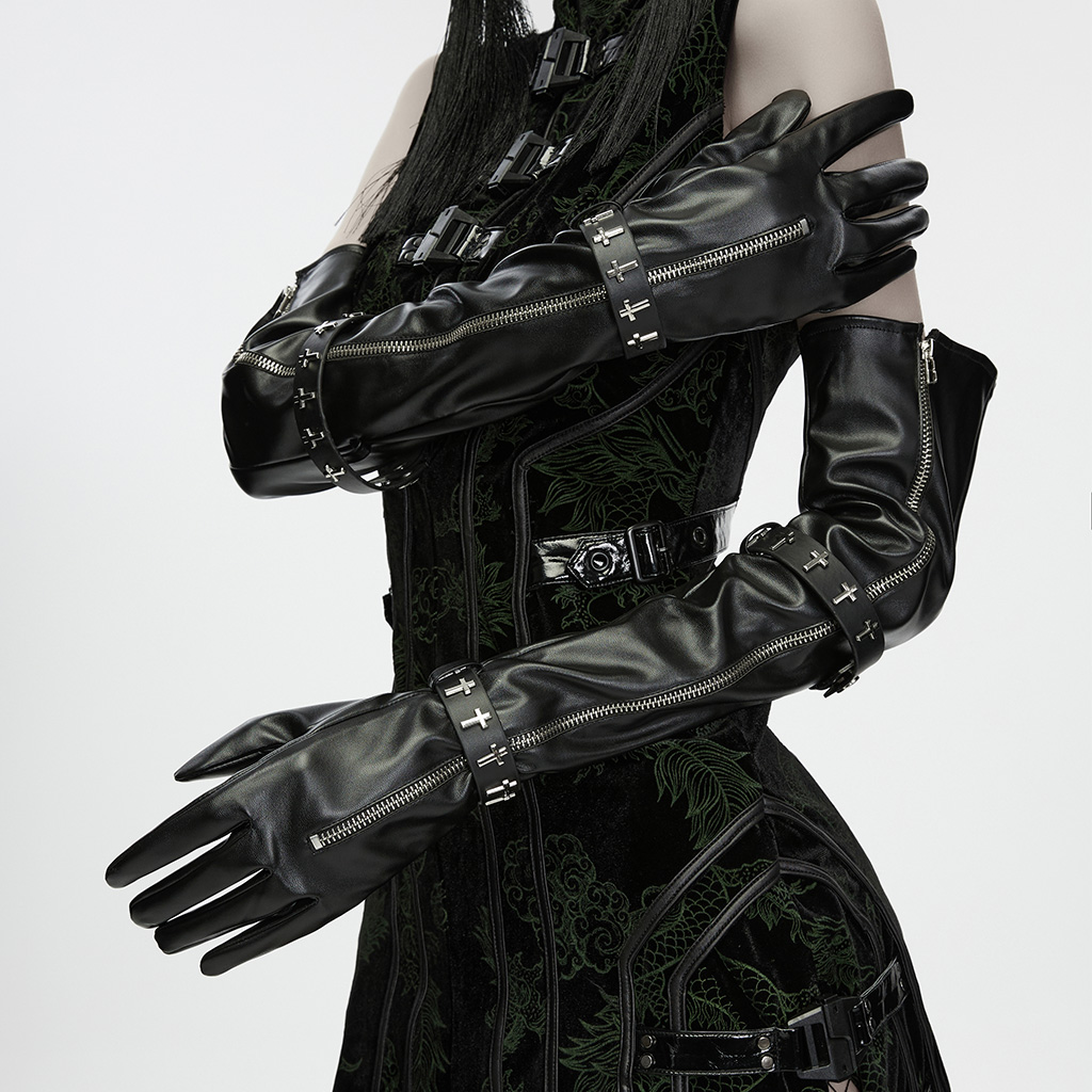 Gothic Cross-Stud Zipper Long Gloves