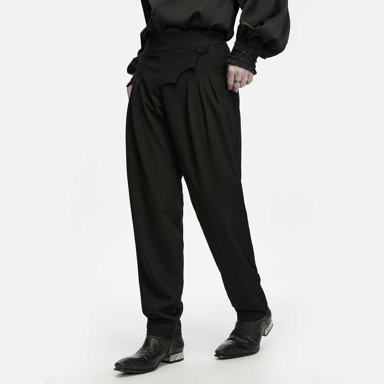 Main Photo of a model wearing the Punk Rave Ink Ruins Batwing Pleated Trousers as the main product photo, showcasing the unique scalloped batwing waist flap, structural 3D hip pleating, and sleek tapered leg silhouette