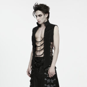 Main Photo of a model wearing the Punk Abyss Chain Stand-Collar Vest as the main product photo, showcasing the sharp high stand collar, open no-placket front, multi-layered black draped chains, and heavy-duty twill silhouette