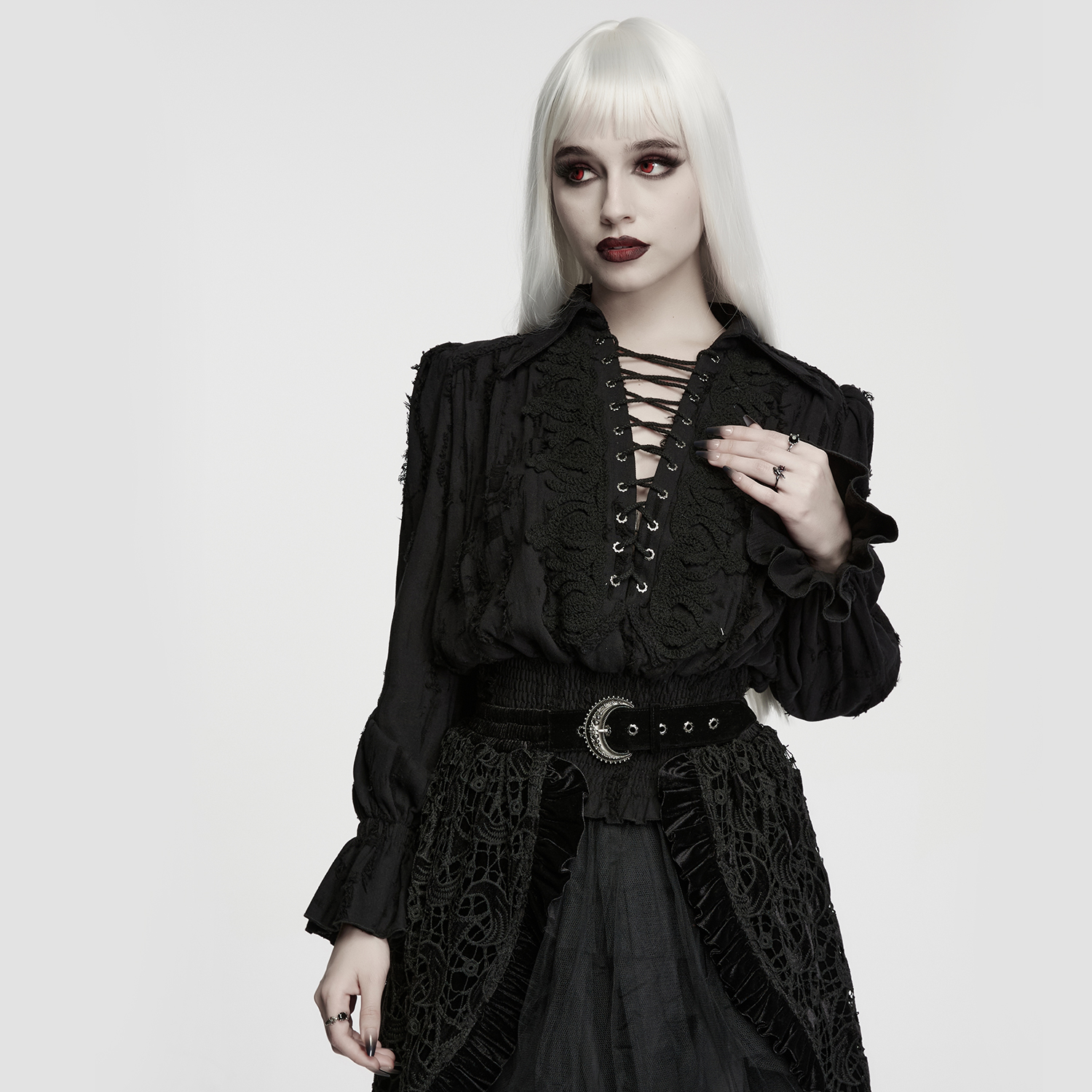 Decadent Gothic Cotton Linen Shirt featuring front ruffles and corset lacing