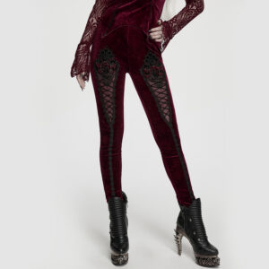 Main product cover photo of the Punk Rave Gothic Lace-Front Designed Leggings in Red, showcasing the high-elastic embossed velvet fabric, front corset-style drawstring lacing, and leg-elongating vertical lace trim