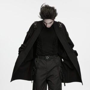 Main photo of the Punk Rave Punk Dark Buckled Long Cardigan , displaying the thick brushed fabric drape, drop-shoulder cut, sweeping lantern sleeves, studded rubberized epaulets, and industrial hardware pockets