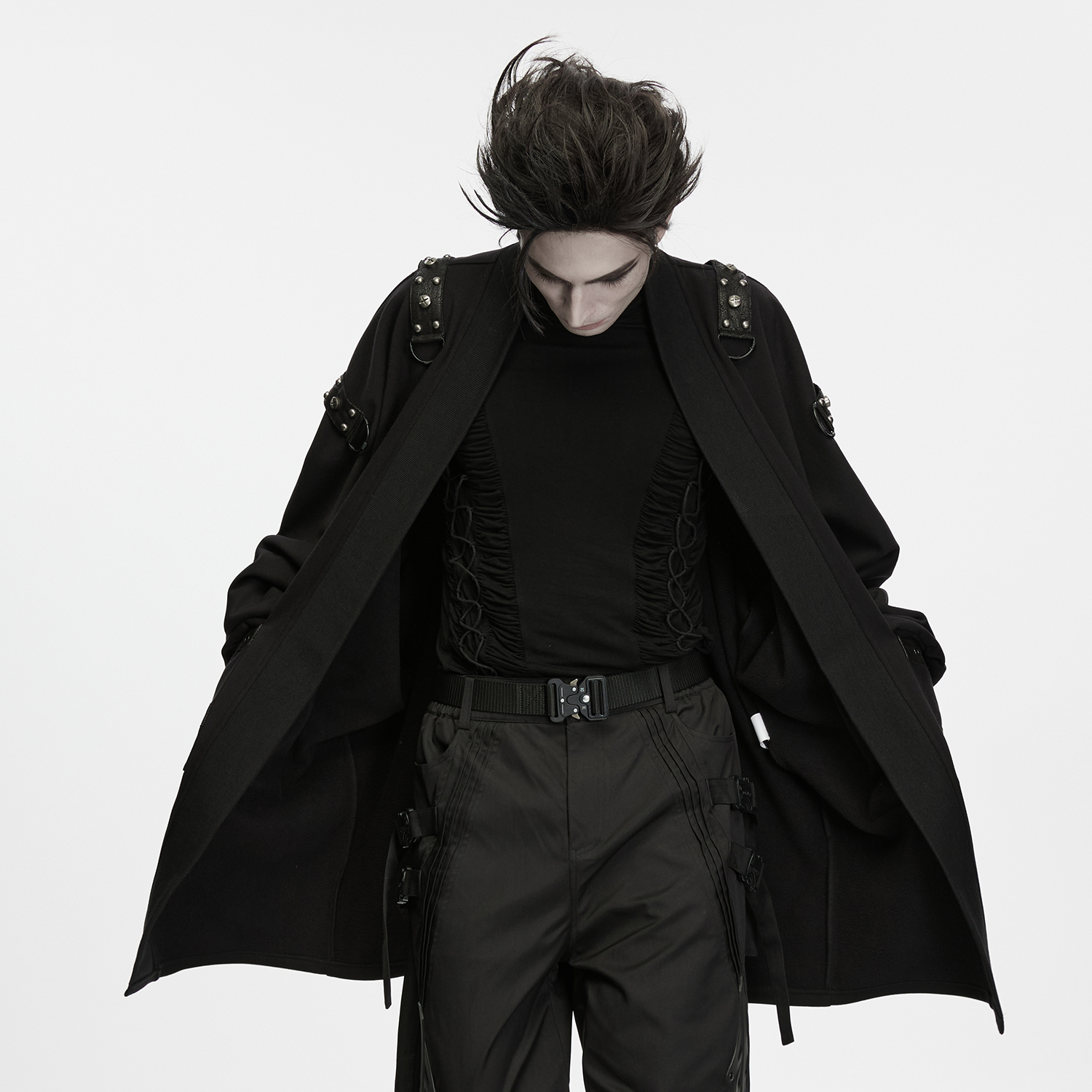 Main photo of the Punk Rave Punk Dark Buckled Long Cardigan , displaying the thick brushed fabric drape, drop-shoulder cut, sweeping lantern sleeves, studded rubberized epaulets, and industrial hardware pockets
