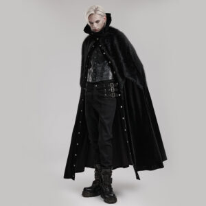 Main product photo of the Punk Rave Goth Ornate Fleece Cloak , displaying the sweeping stretch velvet drape, dramatic ruffled stand collar, asymmetrical jagged faux-fur mantle, and vintage metal snap buttons