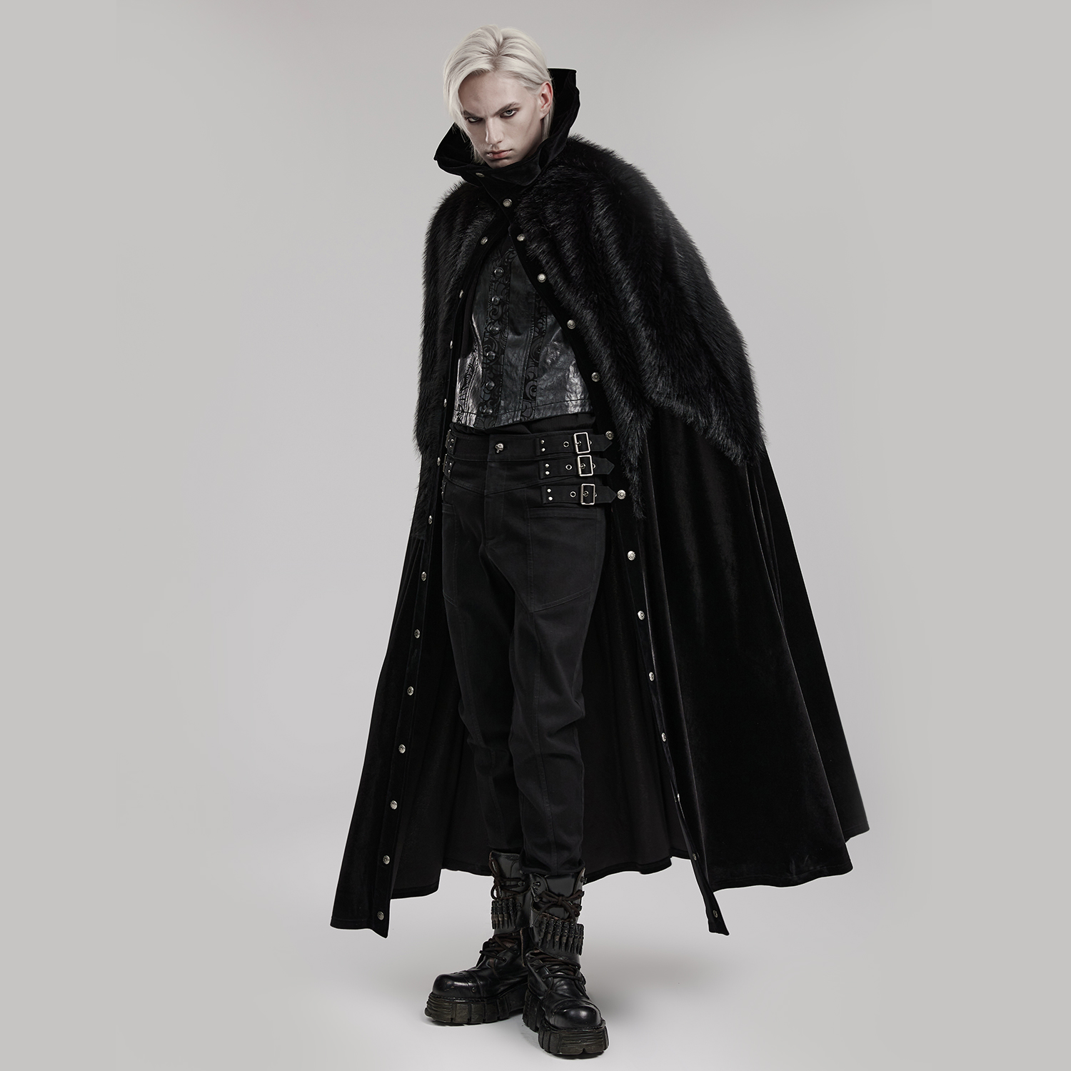 Main product photo of the Punk Rave Goth Ornate Fleece Cloak , displaying the sweeping stretch velvet drape, dramatic ruffled stand collar, asymmetrical jagged faux-fur mantle, and vintage metal snap buttons