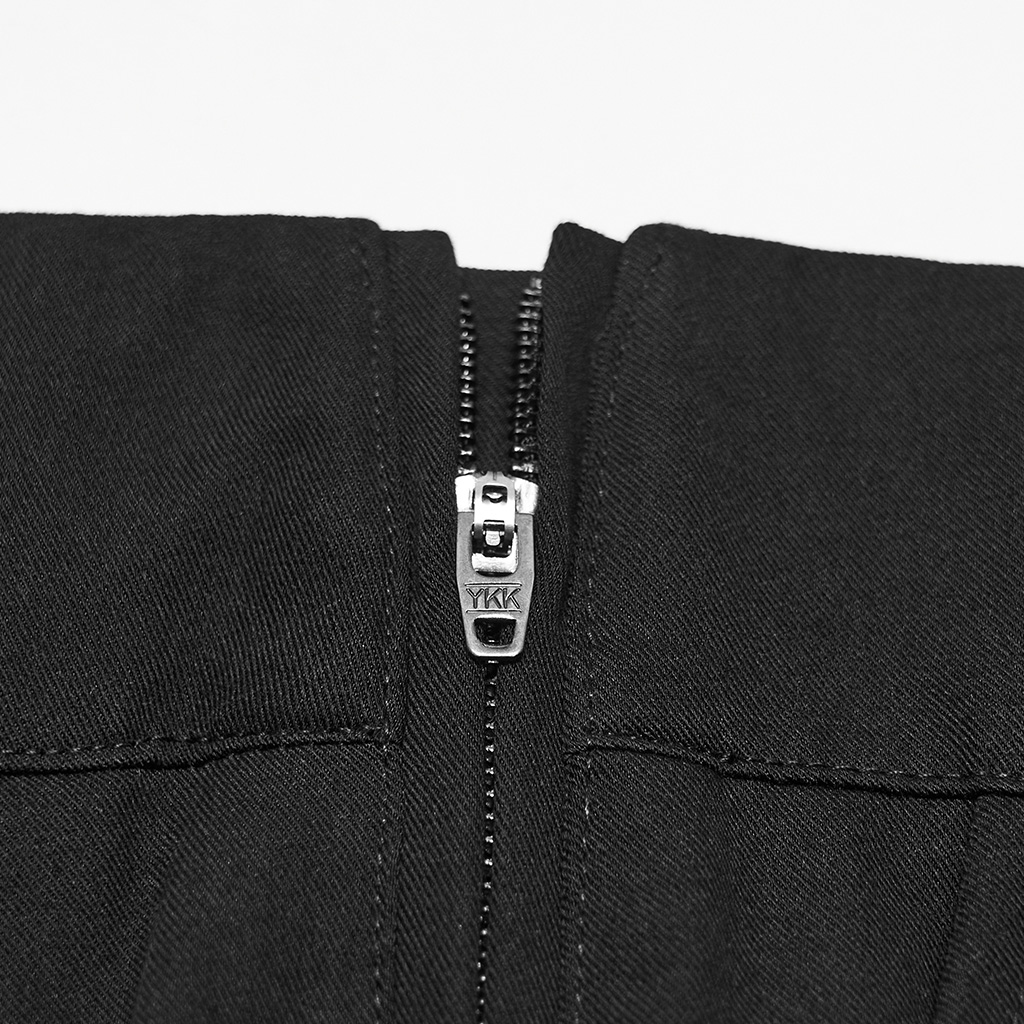 Close-up detail view of the side zipper closure on the Punk Rave Ink Ruins Batwing Pleated Trousers (WK-839DQM), highlighting the concealed zip hardware, clean seam construction, and smooth structured woven fabric