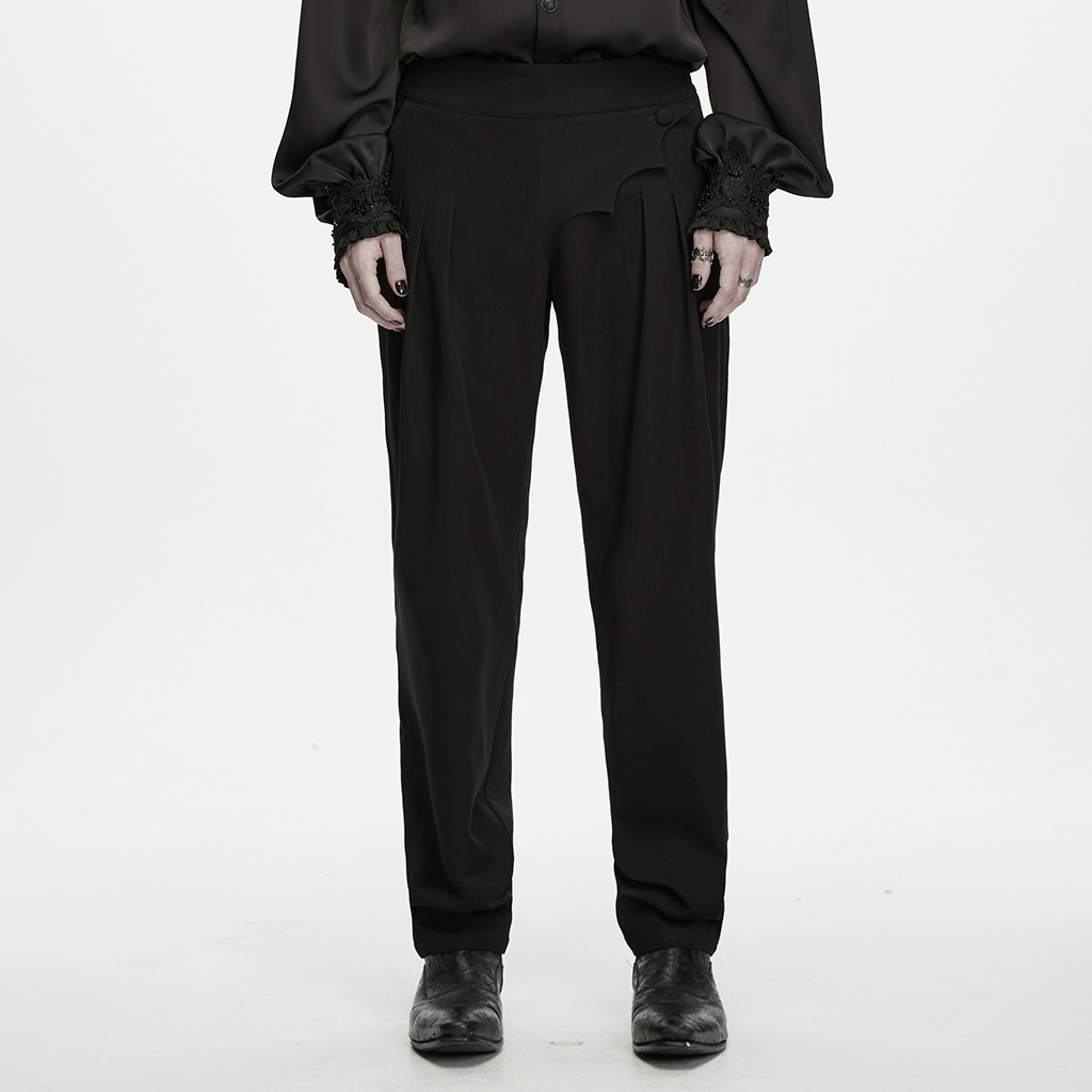 Front view of the Ink Ruins Batwing Pleated Trousers showcasing the 3D hip pleats and structured woven fabric