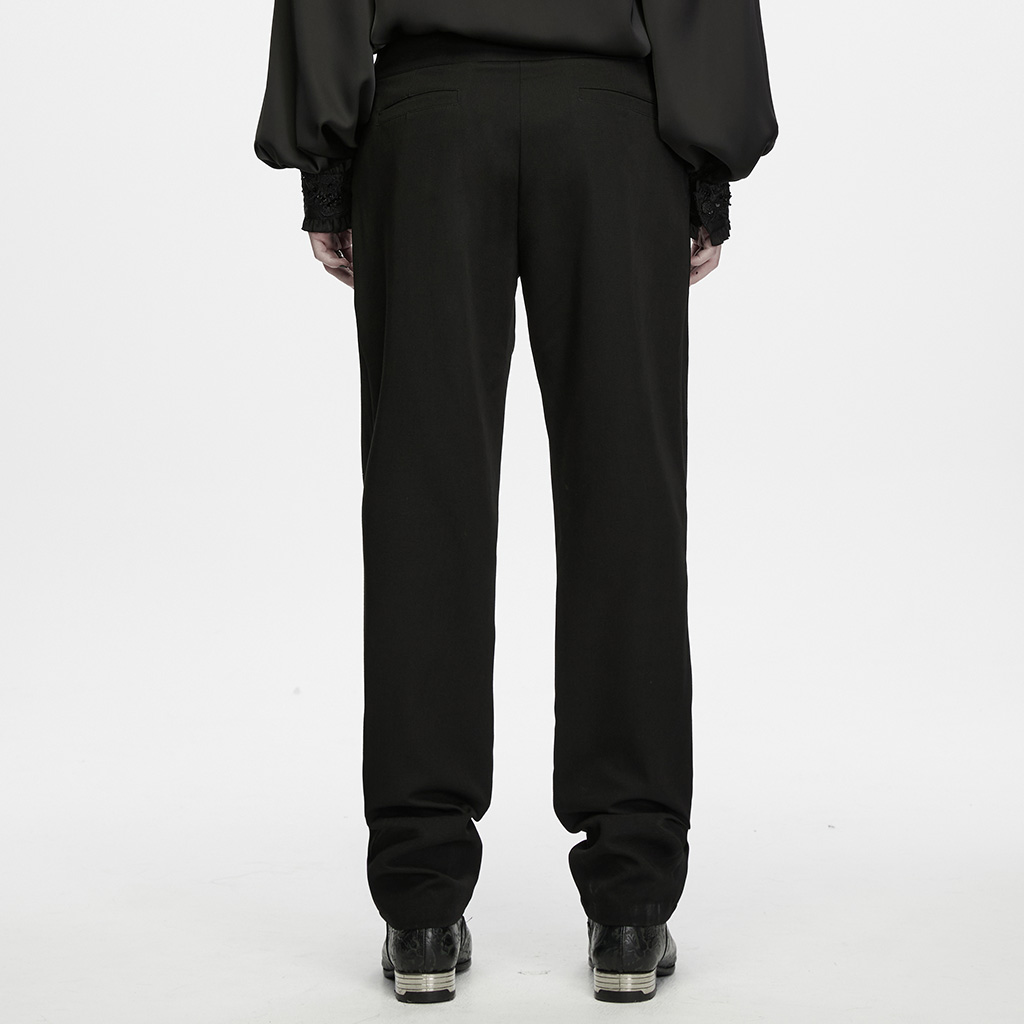 Back View of a model wearing the Punk Rave Ink Ruins Batwing Pleated Trousers (WK-839DQM) , showcasing the tailored rear waistband, relaxed fit through the seat and thighs, smooth woven fabric drape, and tapered leg silhouette