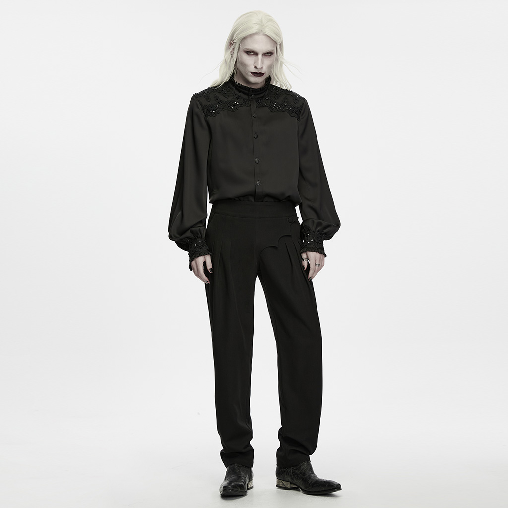 Full-length fully styled model view wearing the Punk Rave Ink Ruins Batwing Pleated Trousers (WK-839DQM), showcasing the scalloped batwing waist flap, 3D hip pleats, smooth woven drape, and complete darkwear ensemble