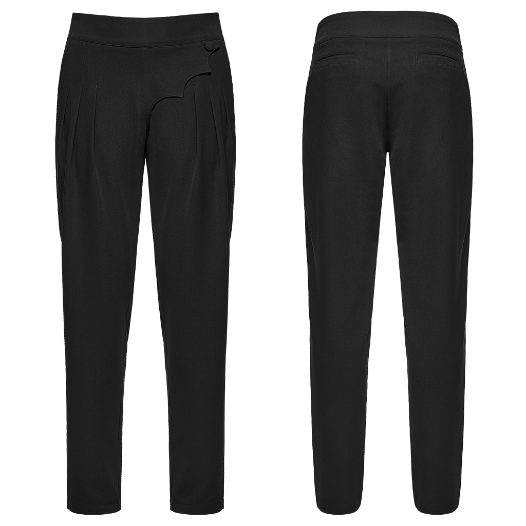 Front and back display of the Punk Rave Ink Ruins Batwing Pleated Trousers (WK-839DQM) , showcasing the scalloped batwing waist flap, 3D hip pleats, smooth woven fabric drape, and tapered leg construction