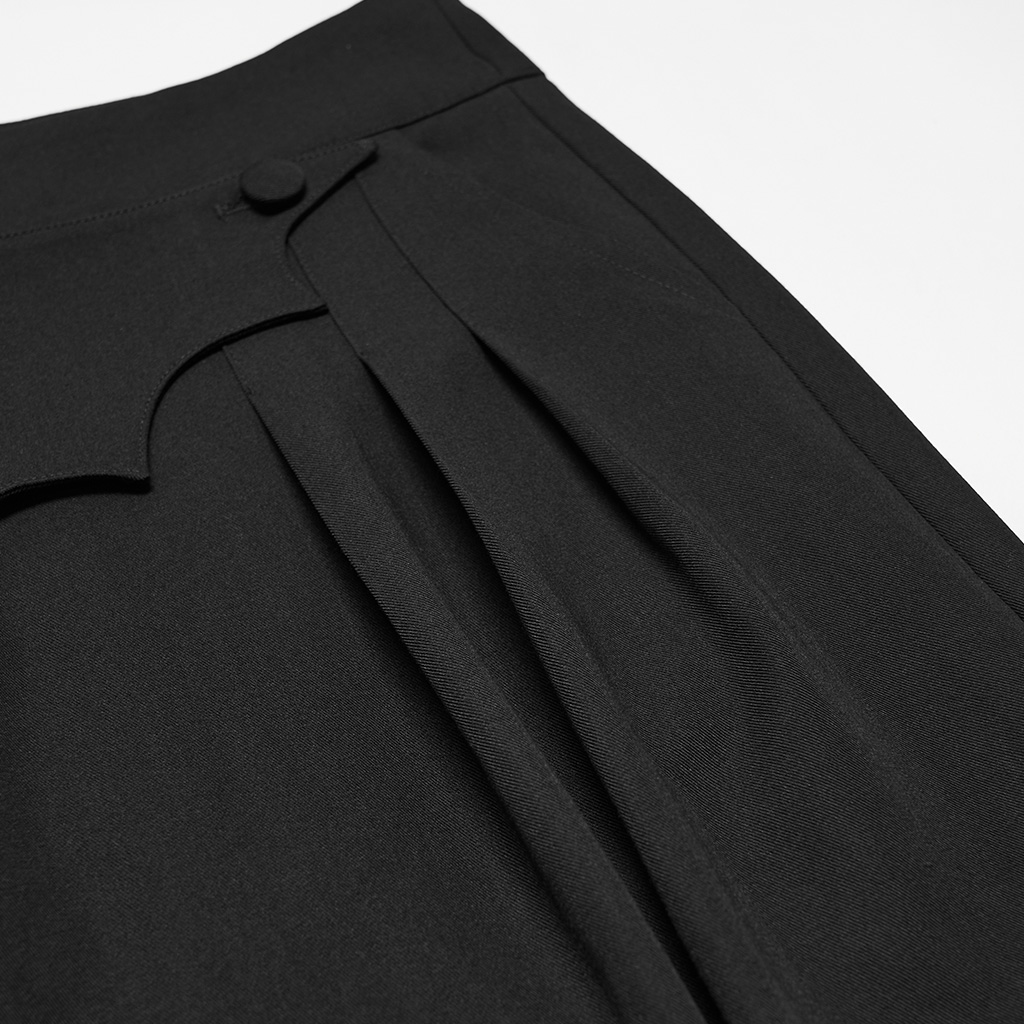 Side close-up view of the Punk Rave Ink Ruins Batwing Pleated Trousers (WK-839DQM) , highlighting the 3D vertical hip pleat construction, smooth woven fabric texture, and side waist flap alignment