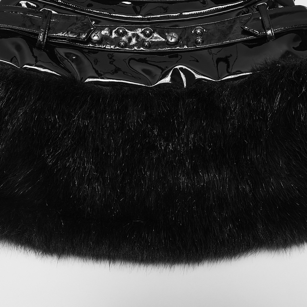 Detailed view showing the contrast between the high-gloss patent leather and soft textured plush fabric trim