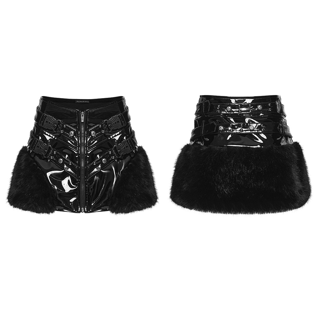 Front and back view of the Punk Rave Patent Leather Skirt (WQ-987BQF) showing the central zipper, metal buckle straps, and rear high-gloss patent finish with plush trim