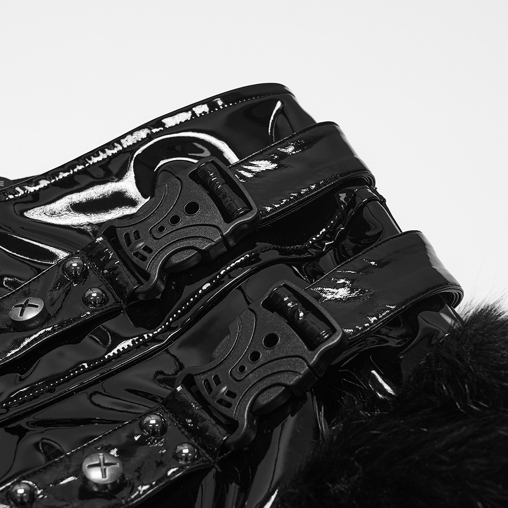 Detailed close-up view of the metallic rivets, buckle straps, and high-gloss patent leather texture on the Punk Rave Patent Leather Skirt (WQ-987BQF)